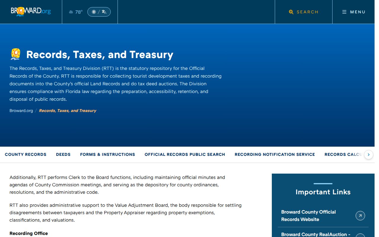 Broward County Records, Taxes and Treasury screenshot