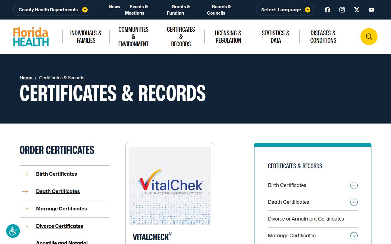 Florida Department of Health - Vital Statistics screenshot